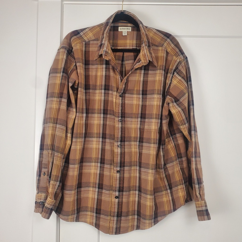 St. Johns Bay Button Down Shirt Mens XXL Brown Plaid Cotton Long Sleeve